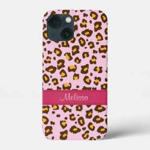 Funda Para iPhone 13 Mini Nombre leopardo animal impresión marrón rosa