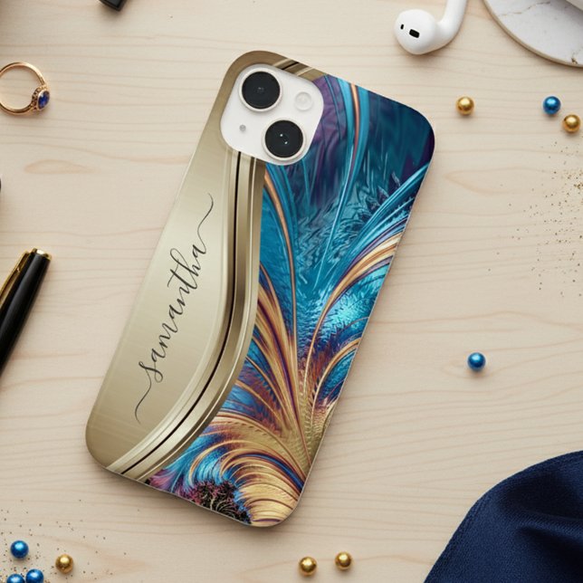 Funda De Case-Mate Para iPhone Nombre Manuscrito Azul Fractal Moderno Dorado (Subido por el creador)