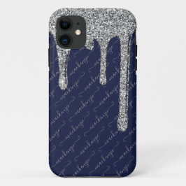 Funda Para iPhone 11 Nombre manuscrito del Purpurina de plata azul de l