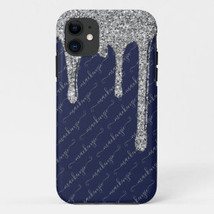 Funda Para iPhone 11 Nombre manuscrito del Purpurina de plata azul de l