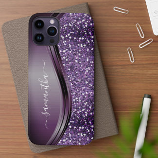 Funda Para iPhone 12 Nombre manuscrito Glam Purpurina Metalizado púrpur