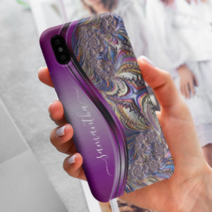 Funda Para iPhone 12 Nombre Manuscrito Morado Fractal Moderno