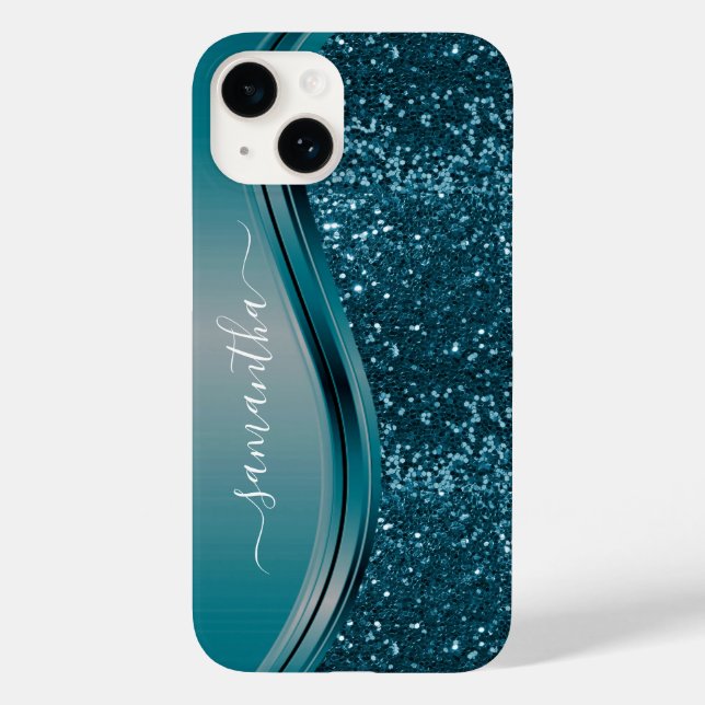 Funda De Case-Mate Para iPhone Nombre manuscrito Purpurina Metalizado azul Verde  (Reverso )