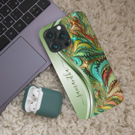 Funda Para iPhone 15 Mini Nombre Manuscrito Verde Fractal Moderno