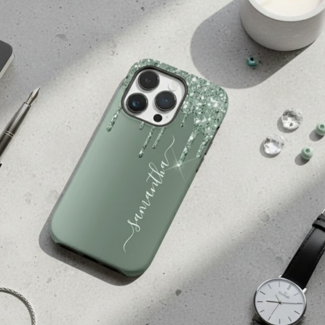 Funda De Case-Mate Para iPhone Nombre Manuscrito Verde Oscuro Con Brillo Metálico (Subido por el creador)