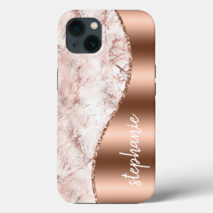 Funda Para iPhone 13 Nombre metálico rosa dorado Glam Marble Pink