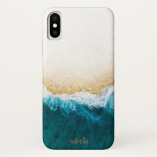 Funda Para iPhone X Nombre moderno de arena Purpurina azul oceánico Ve