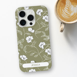 Funda Para iPhone 15 Pro Nombre Moderno Flor Simple Floral Verde Oliva
