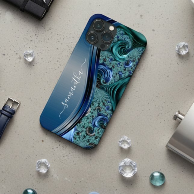 Funda De Case-Mate Para iPhone Nombre moderno fractal azul manuscrito (Subido por el creador)