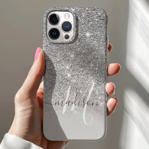 Funda Para iPhone 12 Nombre Monograma Brillo Plateado Femenino