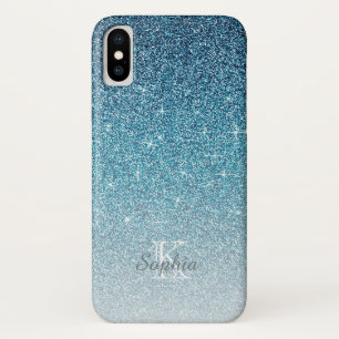 Funda Para iPhone X Nombre Monograma del Purpurina de espárragos azul