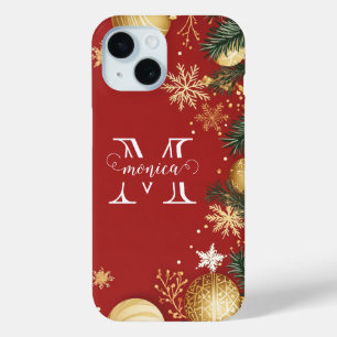 Funda Para iPhone 15 Nombre Monograma Dividido de Navidad en Oro Rojo P