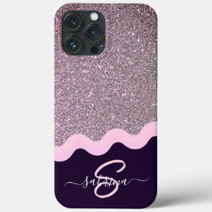 Funda Para iPhone 13 Pro Max Nombre Monograma Elegante Olas Doradas Brillantes
