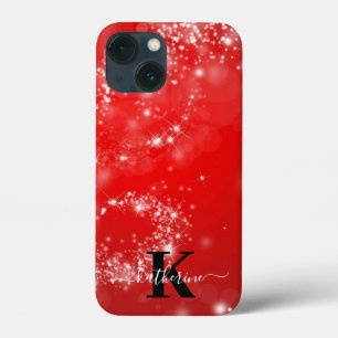 Funda Para iPhone 13 Mini Nombre Monograma Femenino con Brillo Rojo y Blanco