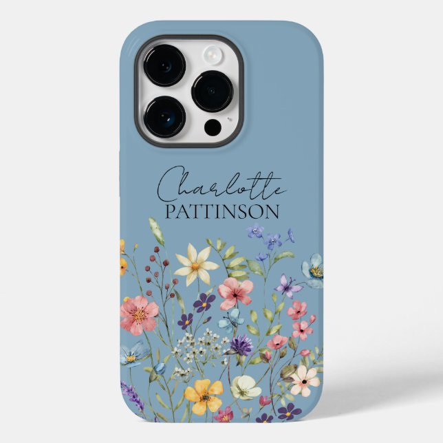Funda De Case-Mate Para iPhone Nombre Monograma Flor silvestre dulce azul (Reverso )