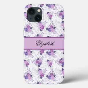 Funda Para iPhone 13 Nombre Monograma Floral Rosa Púrpura Elegante