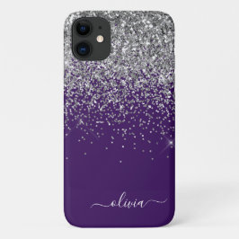 Funda Para iPhone 11 Nombre Monograma Glamuroso con Brillo Morado Plate