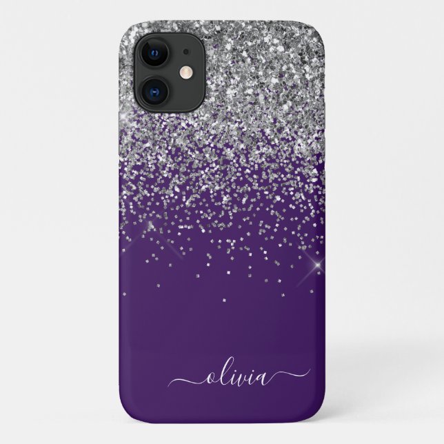 Funda De Case-Mate Para iPhone Nombre Monograma Glamuroso con Brillo Morado Plate (Reverso)