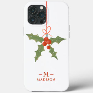 Funda Para iPhone 13 Pro Max Nombre Monograma Navidad Acebo Floral de Invierno