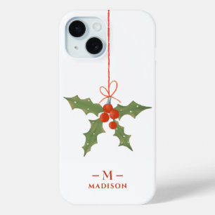 Funda Para iPhone 15 Nombre Monograma Navidad Acebo Floral de Invierno