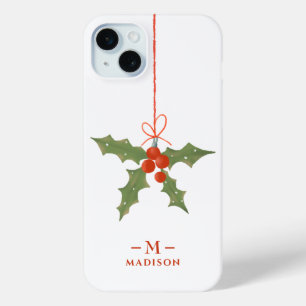 Funda Para iPhone 15 Mini Nombre Monograma Navidad Acebo Floral de Invierno