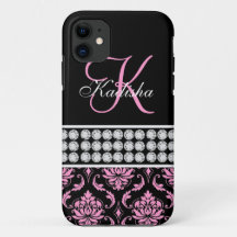 Nombre monograma negro Damasco rosa iPhone 5 Funda