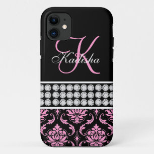 Funda Para iPhone 11 Nombre monograma negro Damasco rosa iPhone 5 Funda