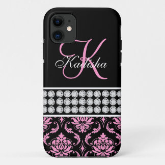 Funda Para iPhone 11 Nombre monograma negro Damasco rosa iPhone 5 Funda