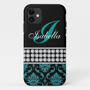 Funda Para iPhone 11 Nombre monograma Negro Turquoise Damask iPhone 5 F