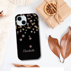 Funda Para iPhone 15 Nombre Monograma Rosa Clásico Negro Círculos Dorad