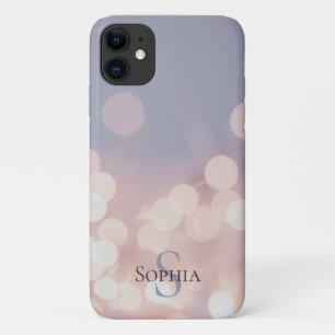 Funda Para iPhone 11 Nombre Monograma Rosa Purpura Brillante Bokeh Eleg
