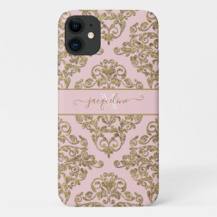 Funda Para iPhone 11 Nombre Monogramado de Damask, Purpurina de Oro Gir