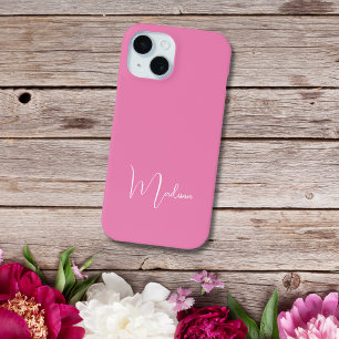 Funda Para iPhone 15 Nombre Monogramado Rosa Fuerte Blanco Minimal Mini