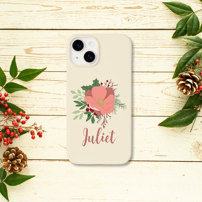 Funda De Case-Mate Para iPhone Nombre personal botánico de los navidades (coquette christmas pink botanical phone case personalized with name for friend gift)