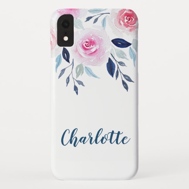 Funda De Case-Mate Para iPhone Nombre personalizado acuarela rosada floral de los (Reverso)