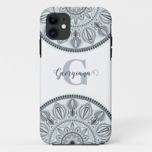 Funda Para iPhone 11 Nombre personalizado Armonía floral Gris Monotone 