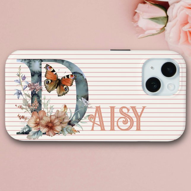 Funda De Case-Mate Para iPhone Nombre personalizado | Azul mariposa floral Peach  (Subido por el creador)