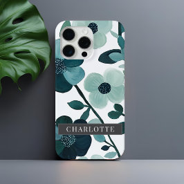 Funda Para iPhone 15 Pro Max Nombre personalizado Blue Aqua Floral Vines