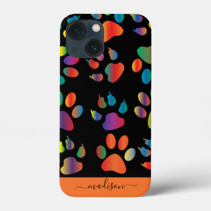 Funda Para iPhone 13 Mini Nombre personalizado con patrón de huellas de pata