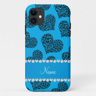 Funda Para iPhone 11 Nombre personalizado corazones de leopardo azul ci