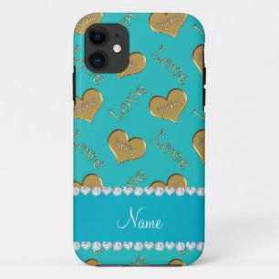 Funda Para iPhone 11 Nombre personalizado corazones de oro turquesa mam