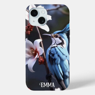 Funda Para iPhone 15 Nombre personalizado de Bluejay y Flores