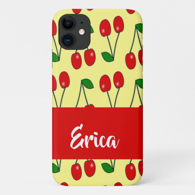 Funda De Case-Mate Para iPhone Nombre personalizado de cerezas rojas en amarillo (Reverso)
