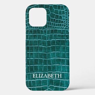 Funda Para iPhone 12 Nombre personalizado de cuero de cocodrilo Verde a