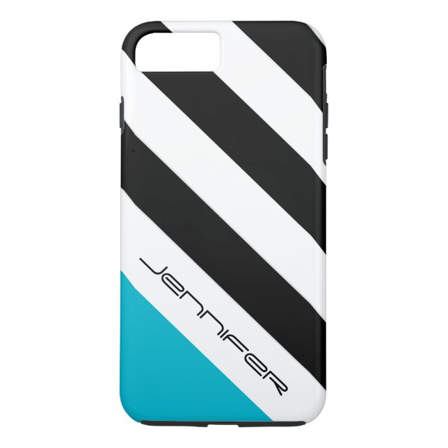 Funda De Case-Mate Para iPhone Nombre personalizado de franja negra, blanca y azu (Reverso)