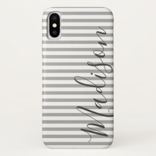 Funda Para iPhone X Nombre personalizado de franjas grises y blancas