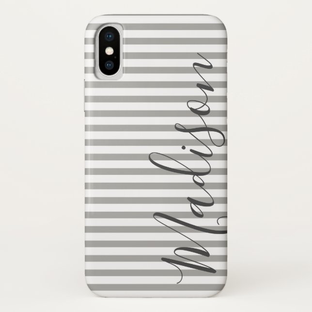 Funda De Case-Mate Para iPhone Nombre personalizado de franjas grises y blancas (Reverso)