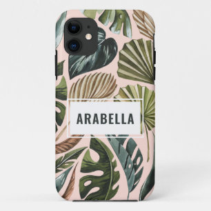 Funda Para iPhone 11 Nombre personalizado de la hoja tropical y nombre