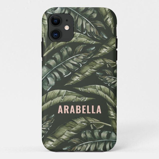 Funda De Case-Mate Para iPhone Nombre personalizado de la hoja tropical y nombre  (Reverso)
