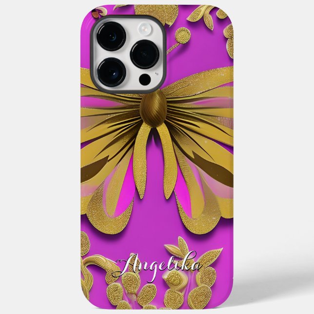 Funda De Case-Mate Para iPhone Nombre personalizado de la mariposa dorada rosada  (Reverso )